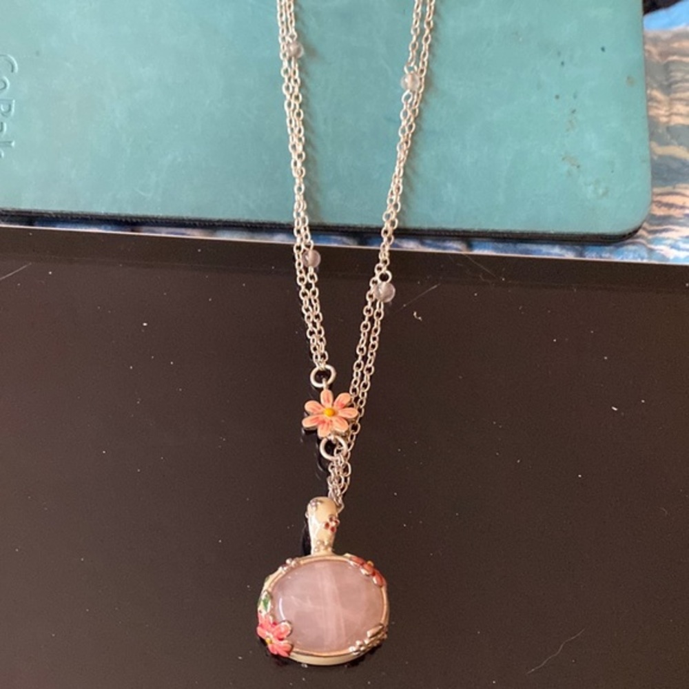 Pink opal stone  , inlaid , Sterling Silver 925 with enamel  flowers on chain